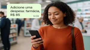 Pessoa registrando uma despesa de farmácia pelo celular em ambiente comercial