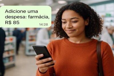 Pessoa registrando uma despesa de farmácia pelo celular em ambiente comercial