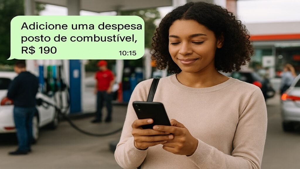 Mulher digitando gasto de combustível no celular em posto movimentado(Assistentes Financeiros)