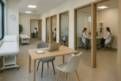 Fotografia realista de um espaço moderno de coworking para profissionais da saúde, com salas privativas, iluminação natural e decoração neutra em tons claros, transmitindo acolhimento e profissionalismo.